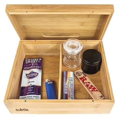 Subtle Rolling Tray Stash Box - Large Bamboo Box w/Ample Storage Space to Organize Herb Accessories - Comes with Convertible Rolling Tray Lid - (10 x 8 x 3.5)
