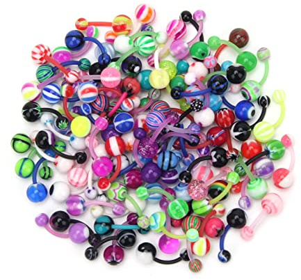 Lot de 100 piercings de nombril assortis en acrylique 14 g, Acrylique