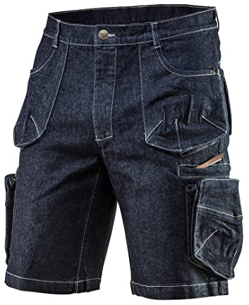 Neo Tools Short de Travail en Denim pour Homme - Tailles XS à XXXL - Coutures renforcées - 98% Coton - 2% élasthanne - 410 g/m² - Style Cargo - Conforme à la Norme en ISO 13688:2013