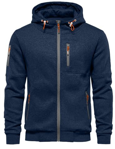 VANVENE Huvtröjor för män, sweatshirt med dragkedja, lätta jackor, jumper, tröja, Ny marinblå, 3XL
