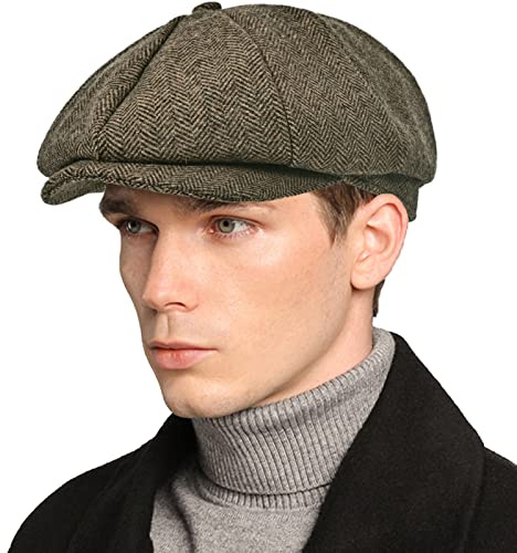 Mens Newsboy Cap High Woolen Tweed Gatsby Hat Ivy Cabbie Flat Golf Cap for Fathers Women Unisex Herringbone Khaki