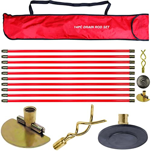 Pro 30ft Drain Rod Set Kit in Carry Bag Professional Heavy Duty Unlock Plunger Worm Scraper Cleaning Rods Rodding 14 PC 9m Length