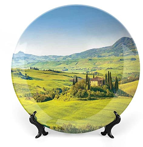 XISUNYA 6 Inch Decorative Plate, Tuscan Porcelain Plate, Rural Landscape Cypresses Along The Path Print Ceramic Wall Hanging for Home & Office Wall Hanging Decor, Green and Light Blue