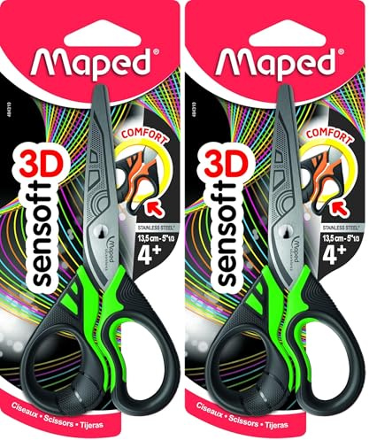 Maped Sensoft 484310 - fluorescent Ciseaux avec des poignées asymétriques flexibles, 5 pouces, coloris aléatoire (Lot de 2)