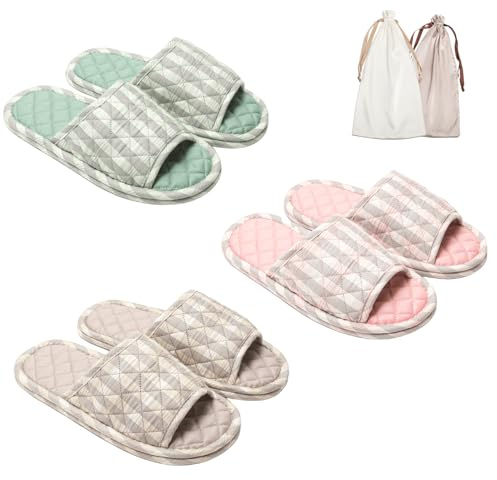 3 Pairs Floral Cotton House Slippers for Women, Open Toe Indoor Slippers Comfortable Washable Portable Foldable Guest Travel Hotel Airplane Spa Slippers (Light Stripes, 7-8.5, Adult, Women, 7, Numeric Range, US Footwear Size System, 8.5, Medium)