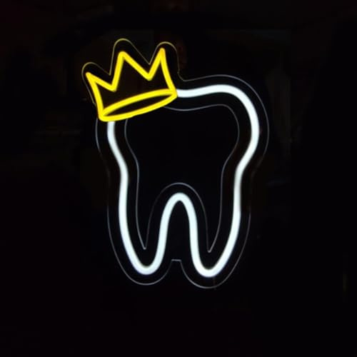 HFHungkeong tand neonskylt med krona, LED neonskylt, tanddekoration, tandläkarmottagningsljus, tandläkartillbehör dekoration, LED neonskyltar för tandvård väggdekoration affärsskylt gåva, 35 x 27 cm