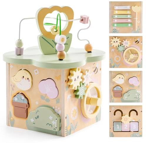 ROBUD Motorikwürfel aus Holz, Motorikspielzeug ab 1 Jahr, Aktivitätswürfel ab 12 Monate, Activity Cube für Kleinkinder