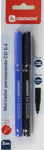 Centauro - 2 Rotuladores Permanentes Punta Fina para CDs, Punta Aguja 0,4mm, Color Azul y Negro, Perfecto para Identificación y Marcaje en Oficinas y Empresas