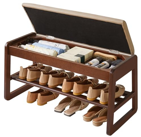 Aibiju Solid Wood Shoe Storage Bench, 2 Tier Shoe Rack with Hidden Storage, 31.5 Inch Wooden Storage Organizer for Entryway Hallway Living Room, Walnut Color YD-WD061B