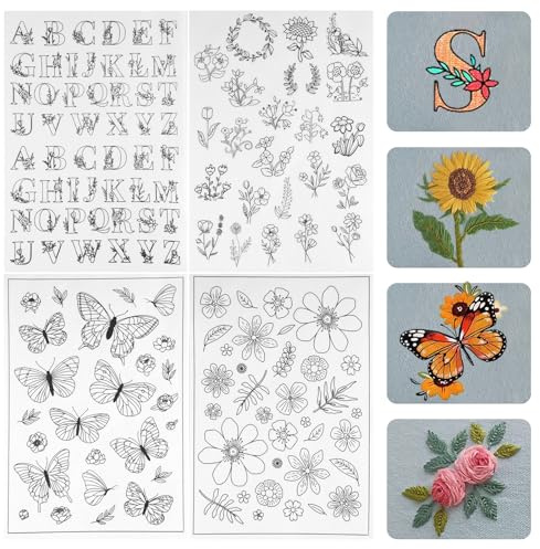 4 Hojas con 135 Patrones para Bordar, Entretela Hidrosoluble Autoadhesiva con Flores, Plantas, Letras y Mariposas, Papel para Bordar Soluble para Bolsas, Camisetas, Vaqueros y Gorras