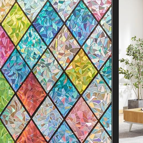 ConCus-T Geometric Lattice Stained Glass Window Film, Colorful, 44.5x200cm | No Glue Window Privacy Film Glass Covering Static Cling Resuable