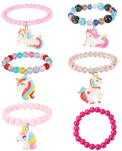 Mikovivi 6pcs Unicorn Rainbow Bracelets, Cute Beaded Bracelets for Girls Kids and Toddlers Birthday Party Goodie Bag Stuffers Pretend Play Favors Jewelry