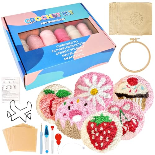 SUPRBIRD Juego de 6 posavasos Punch Needle para principiantes, niños y adultos con motivos, hilo, marco de bordado, instrucciones y soporte