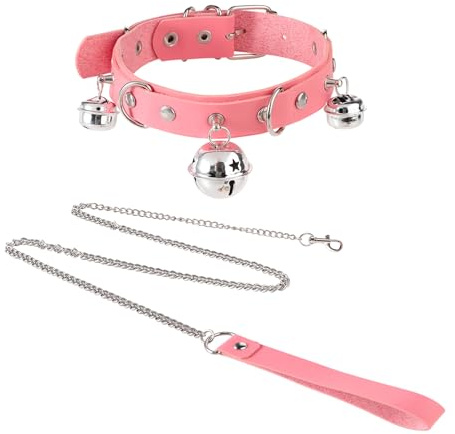 TCNGKIJIUK Ensemble Collier Ras du Cou en Cuir avec Cloche Chaîne pour Femme Collier Ras du Cou avec Laisse Punk Gothique Réglable Accessoires de Fête Vintage Halloween Saint-Valentin Cosplay (Rose)