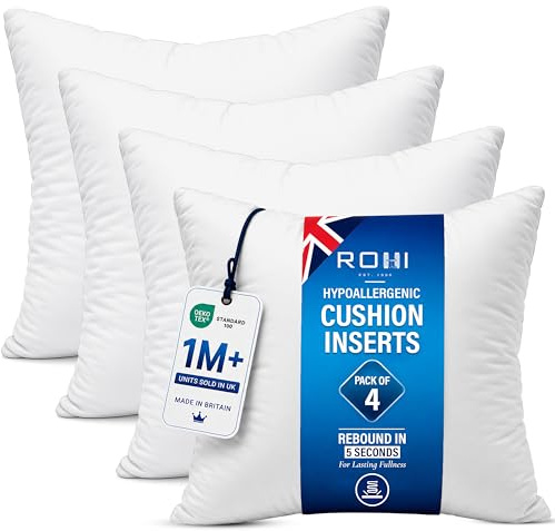 Rohi Set of 4 Hypoallergenic Cushion pads 50cm x 50cm - White polyster square Cushions - Standard stuffer pack of Cushion inserts 50cm x50cm (Pack of 4 | 20x20)