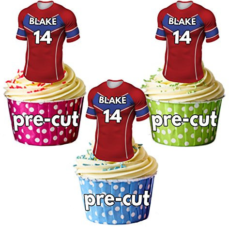 PRECUT Personalised Rugby Shirts With Your Chosen NAME & NUMBER - Edible Cupcake Toppers/Cake Decorations Hull KR Colours (Pack of 24)