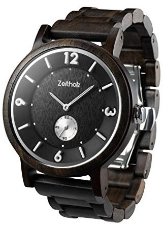 Zeitholz Holzuhr Herren, für Herren, Armbanduhr, Holzuhren Schmiedeberg Kollektion, Analog, 44mm, 100% Naturholz mit Japanischem Quarzwerk. (Schwarz)