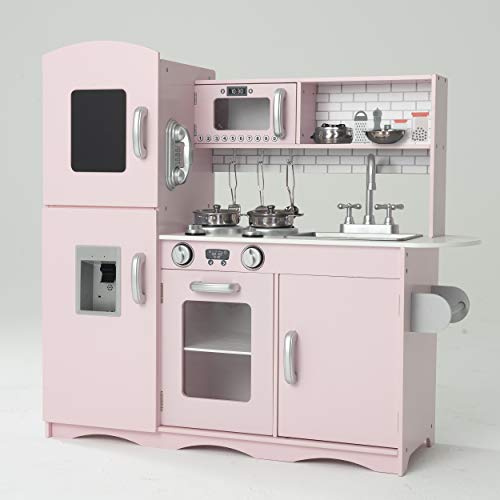 KIDOZ Signature Kids Wooden Kitchen, Large Pretend Role Play Kitchen With Realistic Oven, Microwave and Sink With Taps, Kitchen Playset With Sounds And Lights For Kids (Pink Kitchen With Utensils)