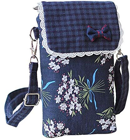 Leuchtbox Handytasche Kleine Schultertasche Crossbody Umhängetasche für Damen Mädchen Baumwolle 3 Innentaschen Süßer Blumen-Print mit Schleifchen und Spitze (Blau)