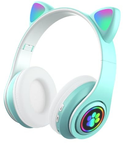 Sunnyushine Auriculares para niños con Orejas de Gato, Bluetooth 5.0, LED Light Up, Inalámbricos, Violet, Azul, Rojo, Rosa, Negro, Cyan