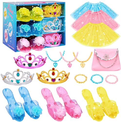 MELAND Princess Dress Up Shoes - 3 Set Girls Princess Costumes with Shoes, Crowns, Accessories, Toys for 3 4 5 6 Year Old Girls Birthday Gifts