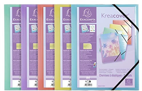 Exacompta 55279E 5er Pack Premium Einschlagmappe KreaCover Pastell. Aus Kunststoff DIN A4 mit 2 Gummizügen und 3 Klappen farbig sortiert Sammelmappe Dokumentenmappe ideal für Büro und Schule