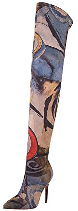 vivianly Women's Sexy Printed Stretchy Thigh High Boots Pointy Toe Stiletto Heel Booties Over The Knee High Heel Boot Size 9