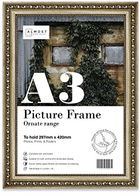 Almost Frameless A3 Champaign Ornate Picture Frame Fits A3 (29.7 x 42cm - 11.7 x 16.5in) Poster, Photo, Artwork, or Print. Elegant Style Portrait and Landscape Display with Wall Hooks