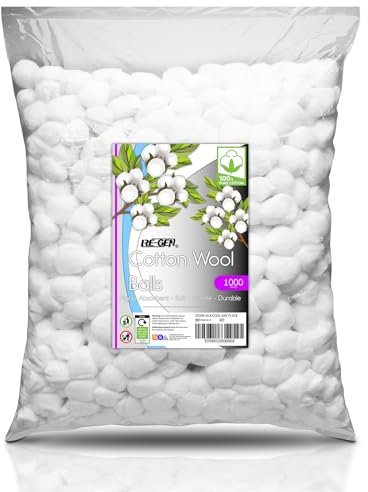 1000pc Pack, RE-GEN 100% Natural Cotton Wool Balls Healthcare Dressing Cleaning Cotton Wool Pads | Ideal for First Aid, Health & Beauty, Personal Care, Cosmetics