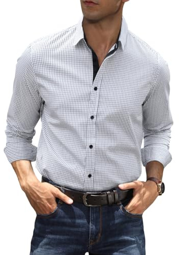 Elegancity Chemise Homme Décontractée à Carreaux Manches Longues Chemise Homme 100% Cotton Classics Checked Regular Chemise Noir, M