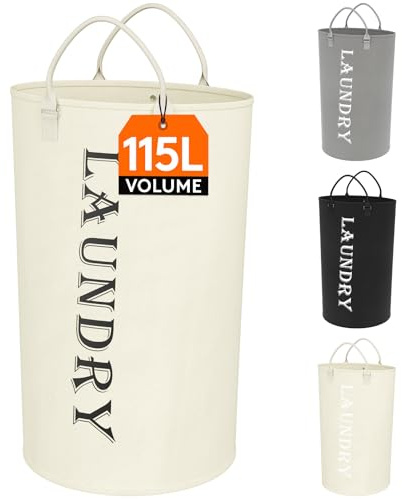 Lifewit Panier a Linge Pliable, Corbeille Linge avec Poignée Robuste, Grand Sac Linge Sale Faciles à Transporter, Bac Linge pour Chambre, Salle de Bain, 115 L, Blanc (Texte Blanc)
