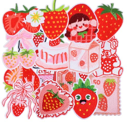 Strawberry Iron On Patches 16pcs Cute Pink Shortcake Bow Sew On Embroidered Patches for Bags, Jackets, Clothes Appliques for Hats DIY Crafts