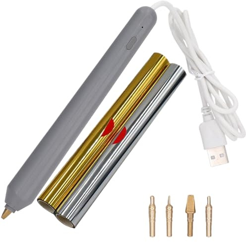 Hot Foil Pen Kit with 4 Size Tips & 2 Foil Rolls(Gold+Silver) USB Powered Drawing Pens Multipurpose Hot Stamping Machine Heat Quill Pen for Card Making, Scrapbooking Tools