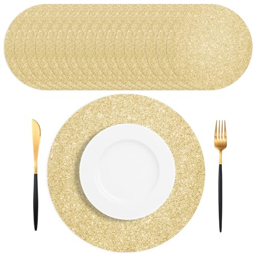 SMUAENSS 50 PCS Light Gold Placemats Disposable, Light Gold Paper Placemats, 13.5 Round Shiny Golden Place Mats, for Birthday Wedding Holiday Party Home Dining Tableware