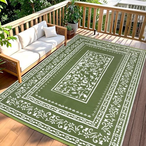 TUKDAK Gröna utomhusmattor för uteplatser, vattentäta 180 x 275 cm, vändbar stor trädgårdsmatta, sommar vikbar yttermatta, återvunnen plast, UV-beständig campingmatta för balkong, husbil, picknick