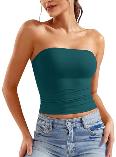 Haut Tube Femme Intégré Soutien Gorge Coton Bandeau Tops Décontracté Couleur Unie Débardeur sans Bretelles Classique Été Bustier Bandeau Sexy Conforts Slim Fit Caraco Femmes Chic et Élégant Hauts