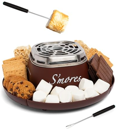 Nostalgia Tabletop Indoor Electric S'mores Maker - Smores Kit With Marshmallow Roasting Sticks and 4 Trays for Graham Crackers, Chocolate, and Marshmallows - Movie Night Supplies - Brown
