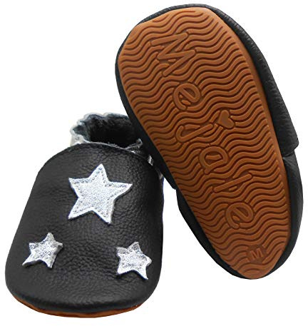 Mejale Baby Soft Rubber Sole Shoes Boy Girl Infant Toddler Moccasins Crawling Leather Walking Slippers(Black, Silver Stars, 6-12 Months, M)