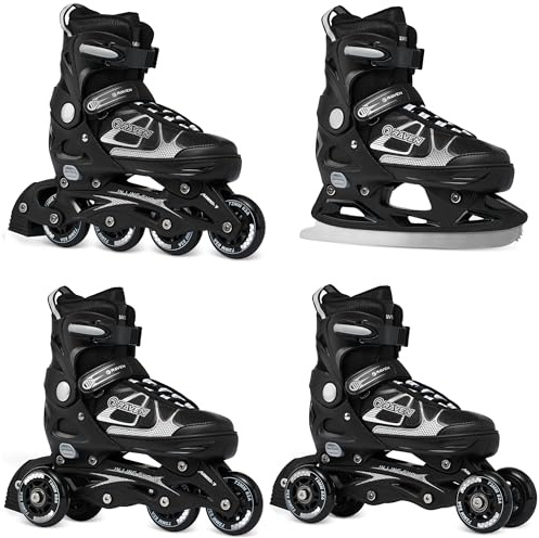 RAVEN 4in1 Inline Skates Pattini in linea Triskates Pattini a rotelle/da ghiaccio per bambini e adulti regolabili (Spirit Black/White, 40-43 (25,5-28cm)
