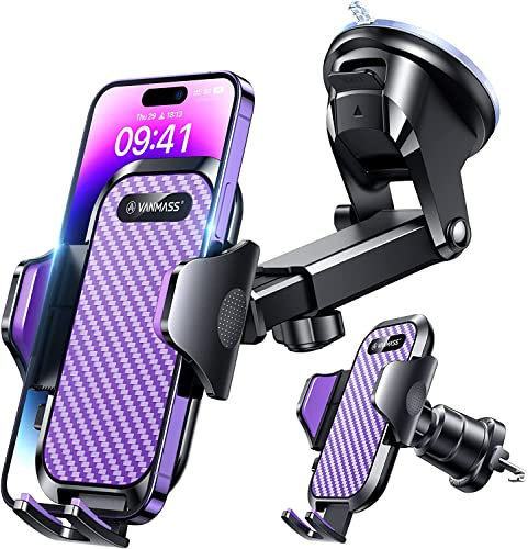 VANMASS BEST Car Phone Holder [Upgraded Suction & Clip] Rotatable Universal Mobile Phone Mount Dashboard Windscreen Vent Cradle Van Automobile Accessories for iPhone 15 Pro Max 14 13 12 8,Purple