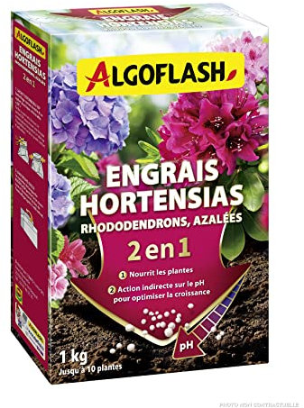 ALGOFLASH Engrais 2 en 1 pour Hortensias, Rhododendrons, Azalées Spécial pH, jusqu'à 10 Plantes, 1 kg, HORTOPH1N