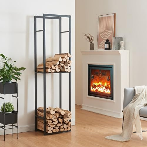 [en.casa] Kaminholzregal Ulvila Feuerholzständer mit 2 Ablagen Holzlager aus Stahl Brennholzregal Holzunterstand Brennholzständer für Innen 45x30x170cm Schwarz