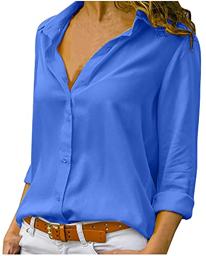 Chemise Femme été Manche Longue Ouverte Blouse Cintrée Uni Leger col Rever Débardeur Femme éLéGant Bouton Mousseline Bleu