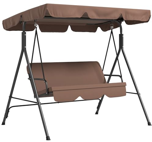 Outsunny Dondolo da Giardino 3 Posti con Tettuccio Parasole Regolabile, Dondolo da Esterno con Seduta Traspirante in Texteline e Metallo, Portata Fino a 240 kg, 172x110x153 cm, Marrone