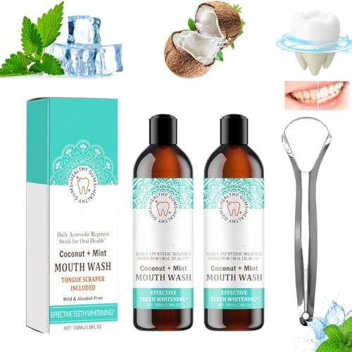 Coconut Mint Mouthwash, Coconut Mouthwash, Teeth Whitening,Fresh Breath Whitening Mouth Wash, Mint Oil Pulling Mouthwash with Tongue Scraper (2 Pcs)