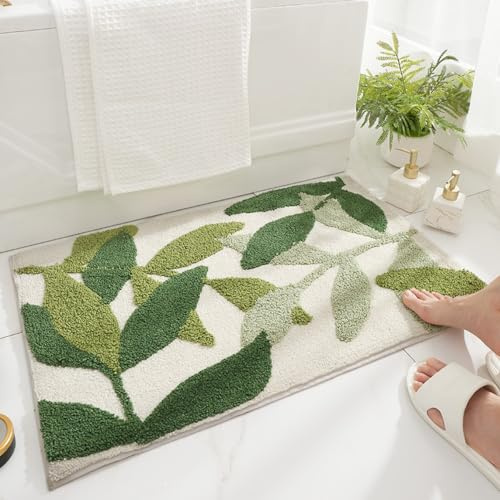 Huilimei Badezimmerteppich, grüne Blätter, super weich, saugfähig, rutschfest, maschinenwaschbar, Motiv Botanik, für Badewanne, Waschbecken, Schlafzimmer