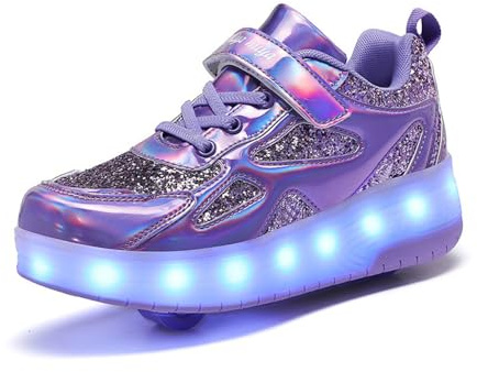 Mateju Schuhe mit Rollen für Jungen Mädchen Kinder Rollschuhe Schuhe mit 2 Rollen, 2 in 1 Turnschuhe Versenkbarer, Damen Herren Roller Schuhe Turnschuhe Skateboardschuhe 38 EU Purple
