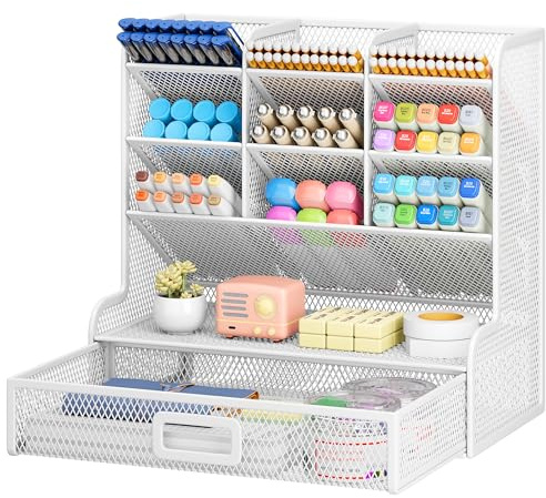 VITVITI Organiseur de Bureau, Porte-stylos avec 9 Compartiments et Tiroir, étagère en Maille Métallique pour Stylos, pour école, Maison et Mureau - Blanc