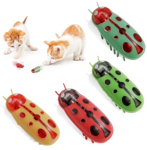 QESSUVNC 4 Stück Mini Käfer, Interaktives Katzenspielzeug Hund Katze Maus Käfer Fluchthindernis automatisches Umdrehen Haustier Lustiges Spielspielzeug für Katzen Kätzchen Training