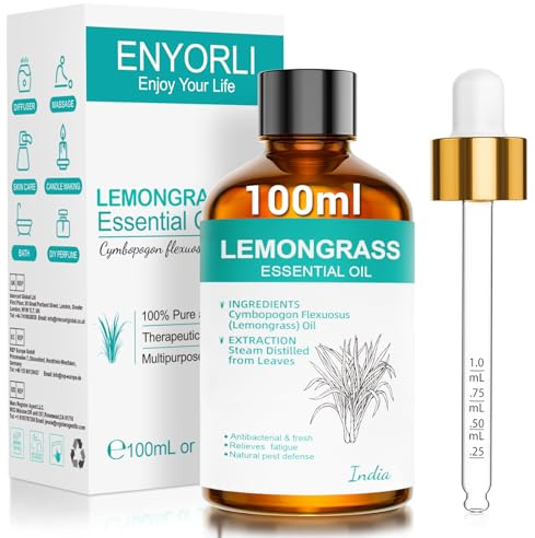 ENYORLI Aceite Esencial de Limoncillo Natural 100 ml de Gran Capacidad con Gotero Diseño a Prueba de Luz Apto Para Masajes Musculares Limpieza Natural y Cuidado de la Piel